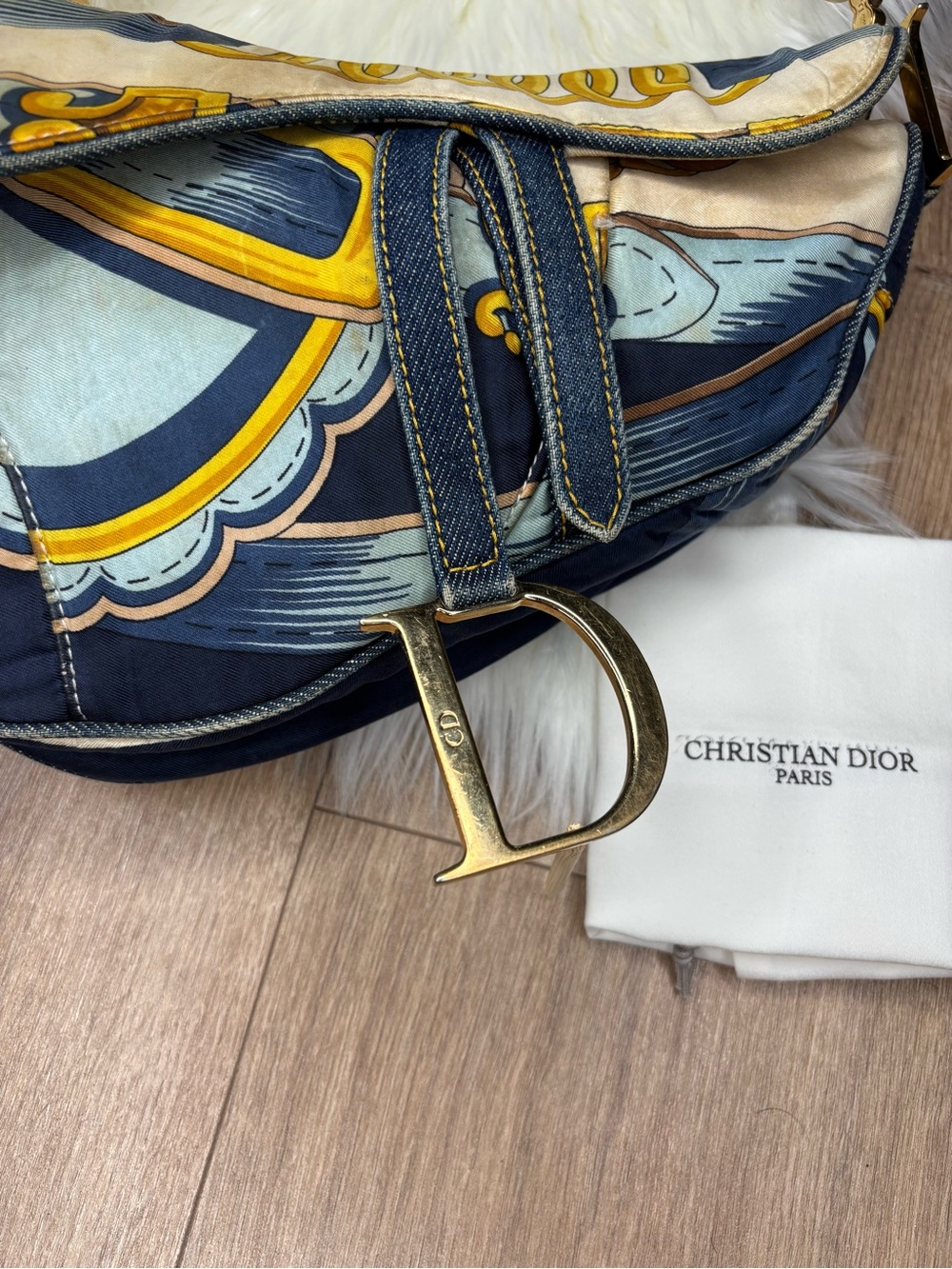 💙 RARE✨ Dior Blue Saddle Satin Chain Print Bag - Picture 3 of 17